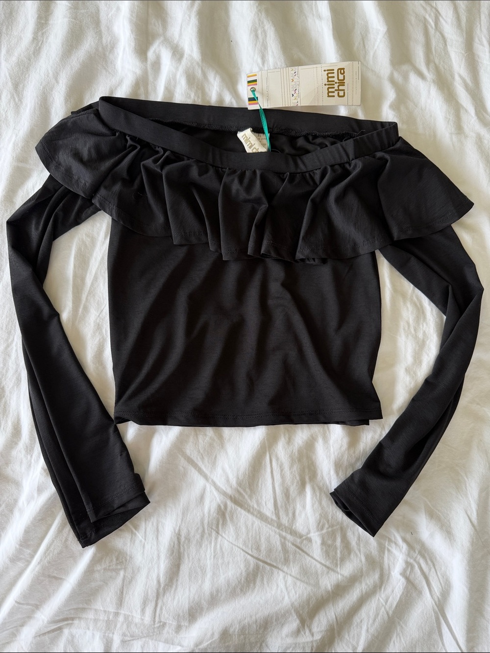 ✨ NWT Mimi Chica Black Off-Shoulder Ruffle Long Sleeve Top - XS ✨